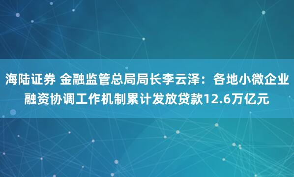 海陆证券 金融监管总局局长李云泽：各地小微企业融资协调工作机制累计发放贷款12.6万亿元